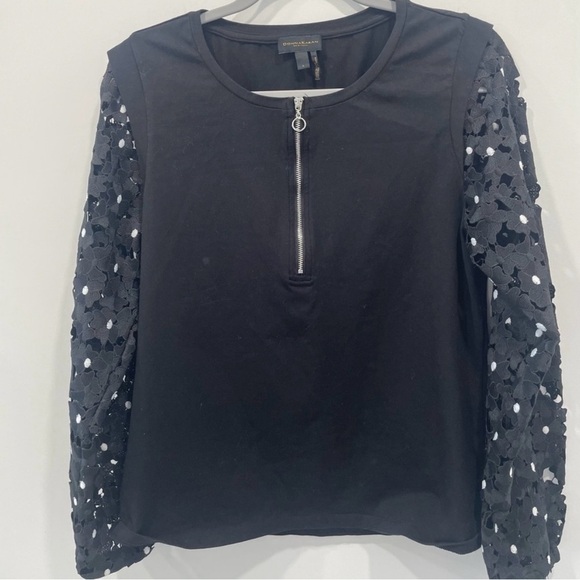 Donna Karan Top Size Large Black White Color Lace-Sleeve Half Zip Lace Feminine - Picture 1 of 5